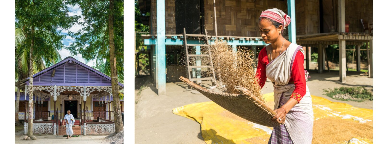 Monk on Majuli and lady in Assam village