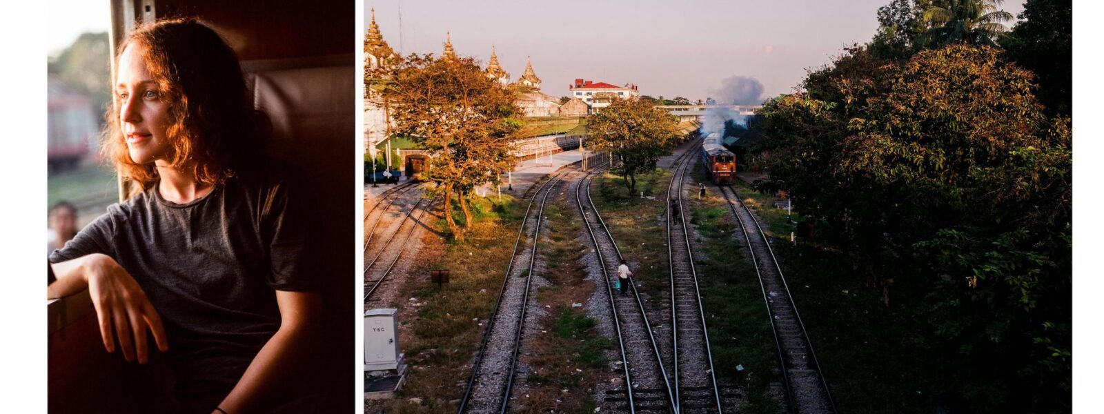 Clare Hammond on train Mandalay + a Train leaves Yangon Central Railway Station - Myanmar. (Libby Burke Wilde)