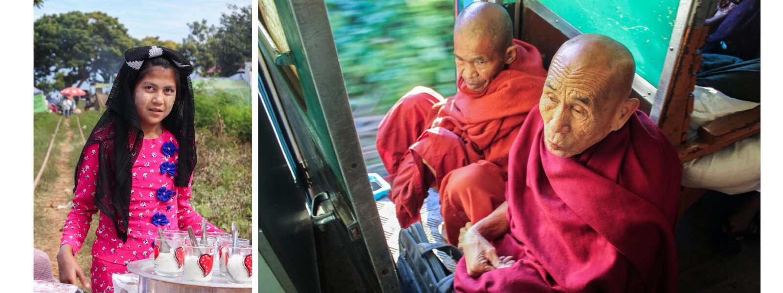 Food vendor at Marian Festival in Kayah State + monks on train from Mandalay to Northern Shan in Myanmar