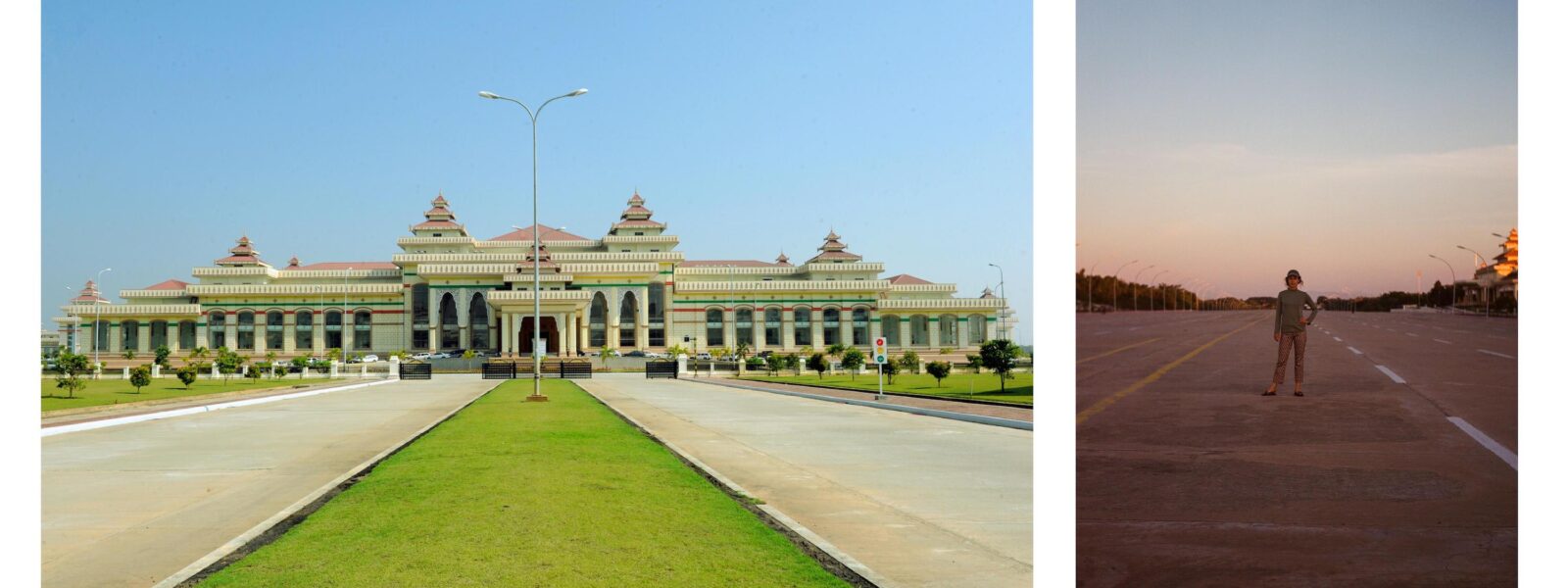 Parliament Building + Clare Hammond on empty highway in Naypyidaw - Myanmar